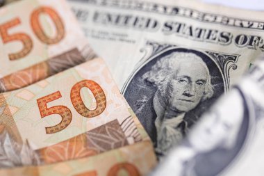 50 Reais 'lik Brezilya Real banknotu ve Amerika Birleşik Devletleri' nden bir dolar. Brezilya ekonomisi, uluslararası ticaret ve döviz kuru.