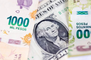 Brezilya Real banknotları ve Amerika 'dan bir dolar. Brezilya ekonomisi, uluslararası ticaret ve döviz kuru.