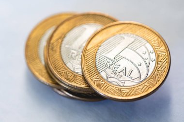 Brezilyalı Real, BRL. Brezilya 1 Real marka yakın çekim fotoğrafçılık parası. Brezilya ekonomisi ve finans.