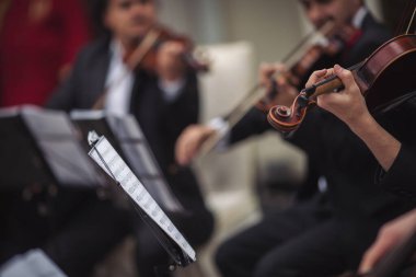 Kemanı, yayı ve kalemi olan bir kemancı. Konser salonunda keman çalan siyolinistin yakın çekimi. Senfoni orkestrasında müzisyen çalıyor. Müzik konsepti.