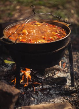 Kamp ateşinin üstünde turist var. Saha koşullarında yemek pişirmek, piknikte kamp ateşinde demlik pişirmek. Açık havada yemek pişirmek için bir kazan yanıyor. Ateşte çorba. Yemek dışarıda. Çaydanlık kebabı..