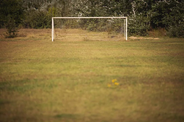 Vacant Football Soccer Goal Gate Rural Grass Field Old Sports — Stock Photo, Image