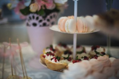 Taze çilek, ahududu ve nane yaprağıyla nefis bir pasta. Meyve ve böğürtlen dolu bir ziyafet masası ve bir sürü tatlı. Şeker çubuğu.