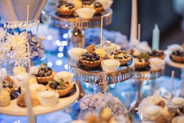 Oğlan için bebek partisi. Çiçekler ve balonlarla süslenmiş lezzetli ikramlar. Tatilde şekerli bir masa. Muffinler, kekler, meyveler, şekerlemeler ve çiçeklerle dolu güzel bir çikolata..