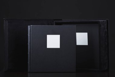 Yumuşak kumaşlı kutuda iki güzel deri kaplı siyah kitap. Düğün fotoğrafları, aile albümleri. Hediye olarak şık kitaplar. Gerçek deriden yapılmış bir fotobook 'un kapağının dokusu..