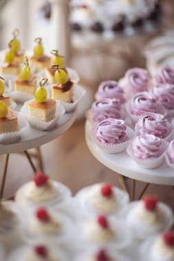 Kokteyl partisi ya da mağaza raflarında servis edilen pek çok küçük kek, şeker, meyve. Doğum günü veya düğün yemeği için çikolata. Yemek servisi. Lezzetli bir tatlı. Düğün yemeği masası.