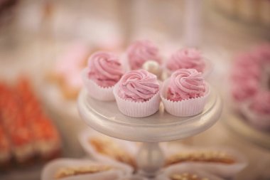 Kokteyl partisi ya da mağaza raflarında servis edilen pek çok küçük kek, şeker, meyve. Doğum günü veya düğün yemeği için çikolata. Yemek servisi. Lezzetli bir tatlı. Düğün yemeği masası.