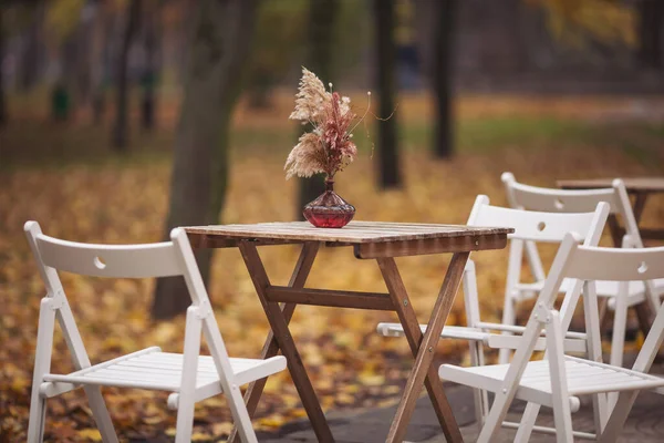 Autumn outdoor terrace with wooden table, chairs and decorations. Autumnal street scene in park with fallen leaves. Street view of a coffee terrace with tables and chairs in europe.