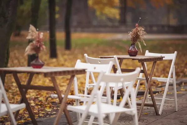 Autumn outdoor terrace with wooden table, chairs and decorations. Autumnal street scene in park with fallen leaves. Street view of a coffee terrace with tables and chairs in europe.