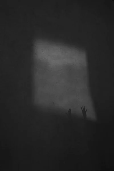 black and white photo of a shadow of the hands in the wall. hand silhouette looks like ghost out the window. Defocus palm of hand shadows on rough wall surface. Help.