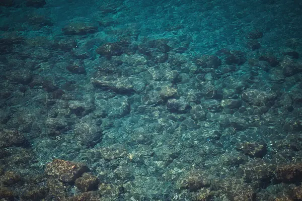 Deniz kenarında. Deniz kıyısının dokusu. Deniz manzarası, sahildeki kayalar turkuaz deniz suyu. Liguria, İtalya.
