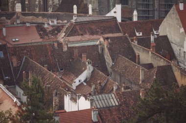 Romanya 'daki Brasov' un çatılarından. Evin çatıları. Şehir evi kırmızı kiremitli çatı manzarası