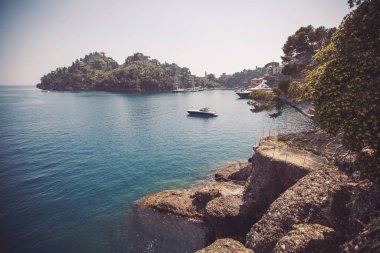 Turkuaz suları ve İtalyan doğa manzarası olan güzel Portofino 'nun manzarası. Küçük körfez limanına lüks yatlar ve tekneler giriyor. Liguria, İtalya, Avrupa.