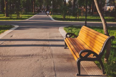Yol ve ahşap banklı yeşil parkın güzel manzarası. Şehir parkındaki ahşap bankta. Eski ağaçlar ve patikası olan bir yaz parkındaki bankta. Parkta dinlenmek için rahat bir bank..