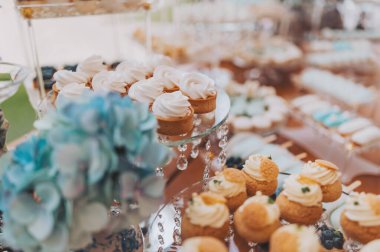 Düğün partisinin olduğu bölgede kek ve tatlı olan tatlı bir bar. Düğün tatlı masası ve lezzetli kekler.