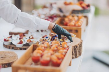 Bir garsonun elleri bir restoranda açık büfe masası için yemek hazırlar. Yemek şirketi servis masasında bir dizi aperatif hazırlıyor. Sunum ve çeşitliliğe önem veren profesyonel catering etkinliği.