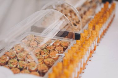 Masada ziyafet için bir sürü farklı mini aperatif var. Parti için gurme atıştırmalıklar, yemek servisi. Doğal malzemeli egzotik atıştırmalıklar. Güzel dekore edilmiş yemek ziyafeti. 