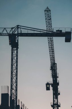 Akşam gökyüzünde turnalar. Bir vinç silueti ve inşaat halindeki bir binanın mavi gökyüzü.. 