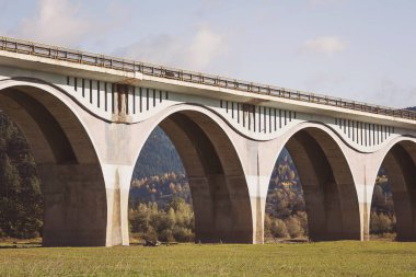 Romanya 'nın kırsal kesiminde viyadük. Eski beton köprü. Piatra Teiului kireç taşı, Romanya 'daki Bicaz Gölü' nün bulunduğu bir dağ vadisinde viyadük ve nehir manzarası