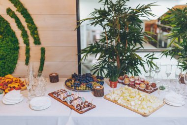 Lüks düğün yemekleri, modern tatlılar, çörekler, meyveli tatlılar. Pahalı düğün resepsiyonunda lezzetli bir çikolata. Metin için boşluk. Duş. bayram kutlaması