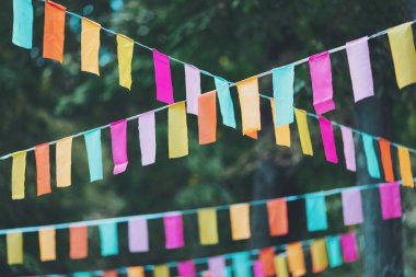 Parti bayrakları bir partide süslenmişti. Bir şehir tatili geçmişi. Yaz parkında renkli mini bayraklar. Doğum günü partisi için dekorasyon. Popüler festivallerin geleneksel dekorasyonu, etkinlikler