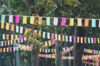 Parti bayrakları bir partide süslenmişti. Bir şehir tatili geçmişi. Yaz parkında renkli mini bayraklar. Doğum günü partisi için dekorasyon. Popüler festivallerin geleneksel dekorasyonu, etkinlikler