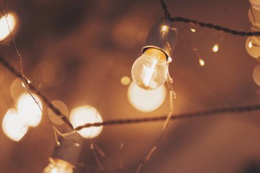 Odakları çözülmüş güzel Noel ışıkları. Yeni yıl çelenkleri ve fenerleri tek bir tele tutunup, yumuşak, sıcak bir ışıkla parlıyor ve yeni yıl arifesi atmosferi yaratıyor.
