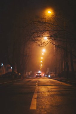 Sis gece şehrin sokaklarında. Asfalt yol ve sis arabaya. ıslak asfalt, kış sezonu tehlikeli kaygan yol. Sokak ışıkları. araba arka ışıklar. seçici odak