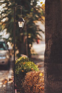 Şehrin bulanık arka planında metal bir direkte zarif bir fener.. 