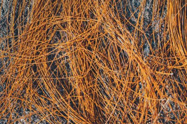 Paslı metal kabloların soyut detaylarını yakından çek. Yanmış otomobil lastiğinin metal leşi.. 