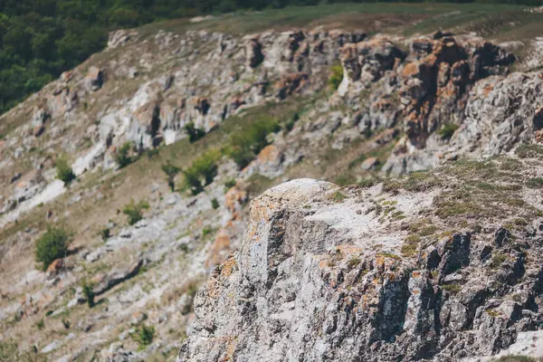 Kayalık kayalıkların kenarındaki manzara, gün ışığında, yuvarlanan tepelerin yakınında ve arka planda yemyeşil alanda doğanın güzelliğini gözler önüne seriyor.