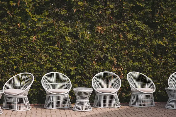 Güzel bir açık hava oturma düzeniyle yemyeşil bir arka plan güneşli bir öğleden sonra sıcacık bir bahçede rahatlamaya davetiye çıkarıyor.