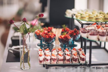 Renkli ikramların, taze meyvelerin ve büyüleyici bir etkinlikte tatlı şekerlemelerin yer aldığı enfes bir tatlı gösterisi.