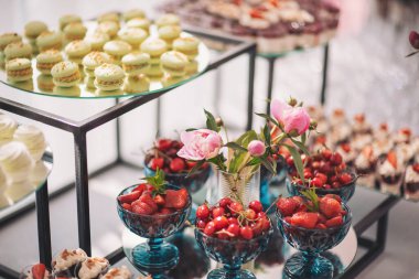 Gösterişli bir kutlama sırasında zarif bir yemek ortamında renkli tatlılar ve taze meyveler içeren enfes bir tatlı tabağı.