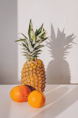 Güneşli ananas, bir mango ve portakalın yanında dimdik durur. Sıcak bir öğleden sonra ışığında, sönük beyaz bir duvara çarpıcı gölgeler bırakır.