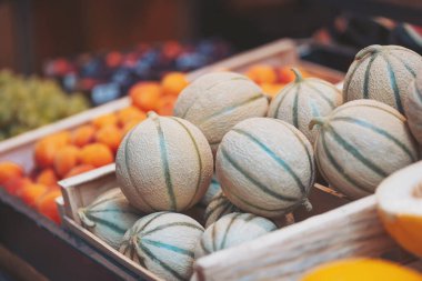 Taze mevsimlik kavunlar güneşli bir öğleden sonra canlı meyvelerle çevrili bir açık hava pazarında sergilenir.