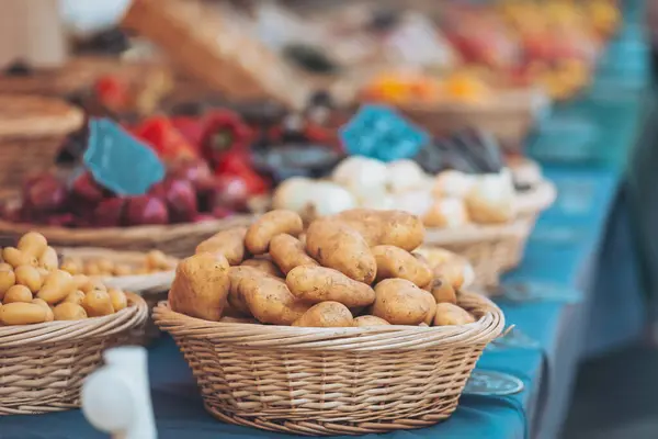 Taze ürün pazarı, çeşitli sebze ve meyvelerin sunulduğu güneşli bir günde dokuma sepetlerinde patates odaklı.