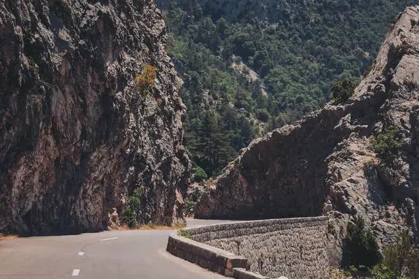 Sarmal yol, parlak güneş ışığı altında sakin bir kaçışta kayalık dağ manzarasını kucaklıyor.