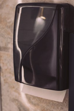 Gündüz vakti modern bir tuvalette parlak bir duvara asılmış zarif kağıt havlu dağıtıcısı.