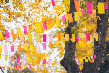Kalabalık bir sonbahar caddesinde dalgalanan renkli bayraklar, sakin bir öğleden sonranın tadını çıkaran insanlarla dolu.