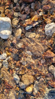 Temiz bir dere, güneş ışığıyla güzelce aydınlatılan nehir taşlarından oluşan doğal bir mozaiği ortaya çıkarır..