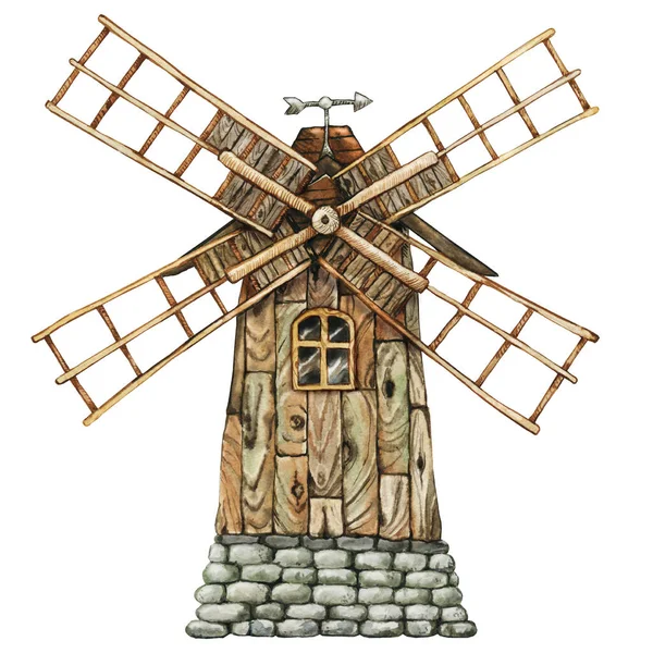 Windmühle Aus Holz Handgezeichnete Aquarell Illustration Isoliert Auf Weißem Hintergrund — Stockfoto