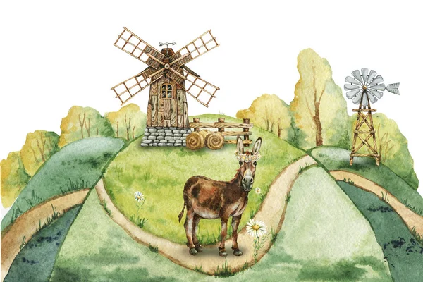 Осёл Природе Ветряной Мельницей Сельскохозяйственными Животными Нарисованная Вручную Акварельная Иллюстрация — стоковое фото
