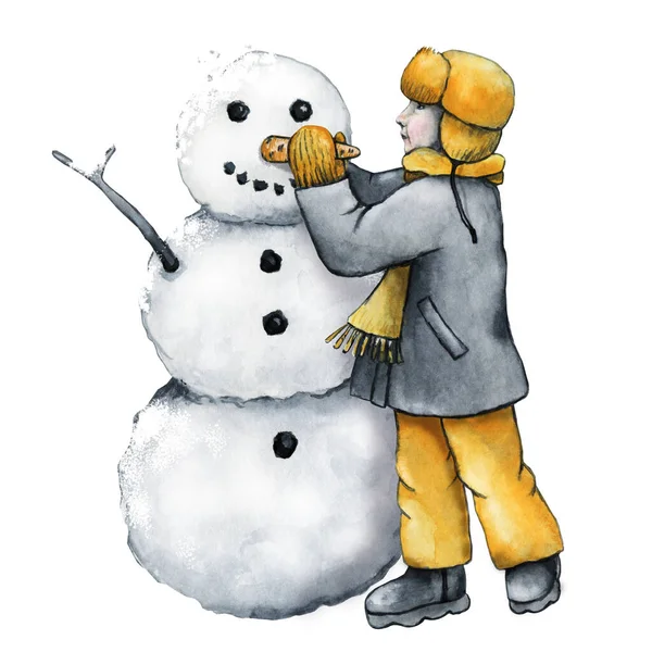 Jongen Maakt Een Sneeuwpop Winter Met Hand Getekend Aquarel Illustratie — Stockfoto