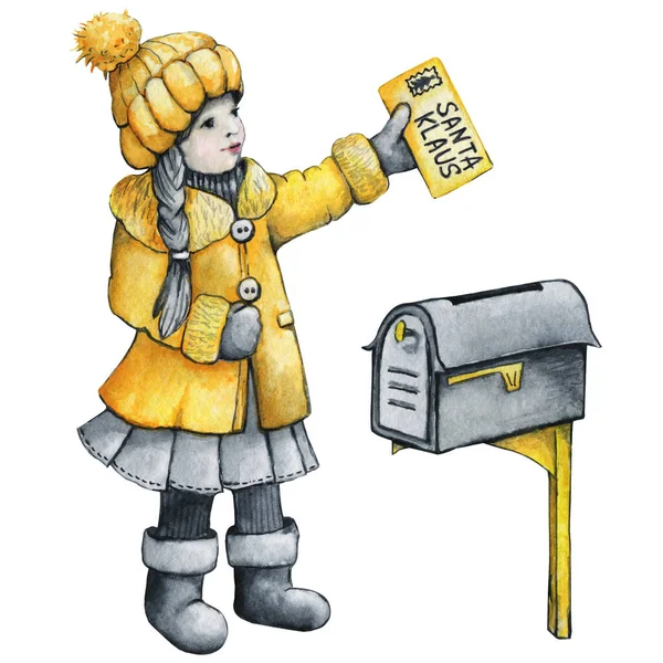 Dziewczyna Wysyła Świąteczny List Świętego Mikołaja Ręcznie Rysowane Ilustracja Akwarela — Zdjęcie stockowe