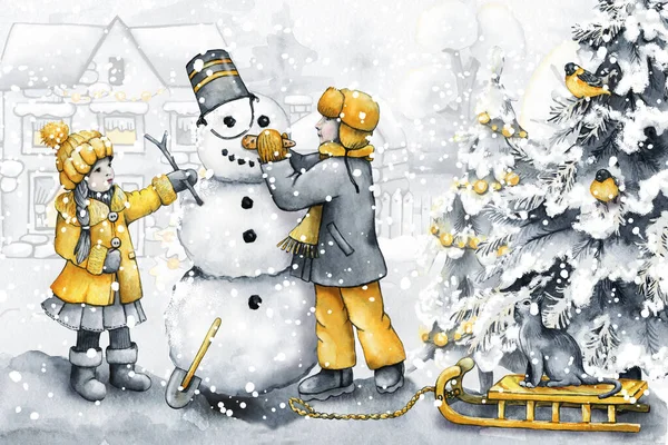 Kinderen Maken Een Sneeuwpop Winterpret Met Hand Getekend Aquarel Illustratie — Stockfoto