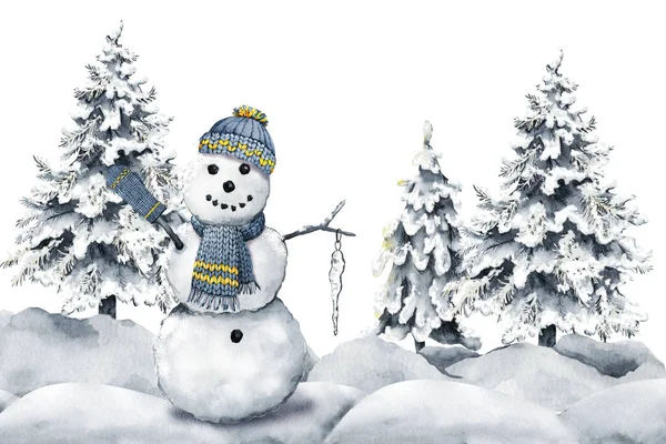 Sneeuwman Met Hoed Sjaal Bij Kerstboom Winterpret Met Hand Getekend — Stockfoto