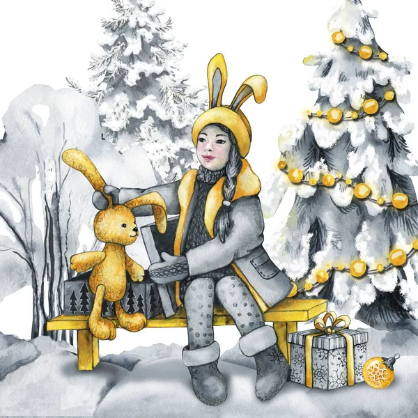 Het Meisje Opent Kerstcadeaus Onder Kerstboom Aquarel Illustratie Hand Getekend — Stockfoto