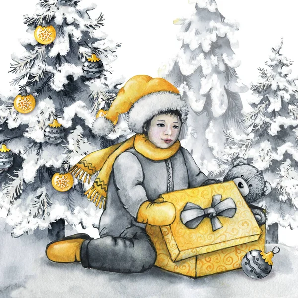 Kind Opent Kerstcadeaus Onder Kerstboom Aquarel Illustratie Hand Getekend Een — Stockfoto
