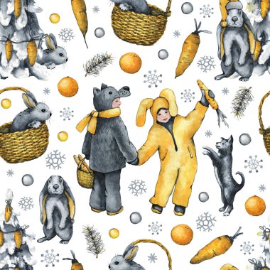 Yılbaşı kostümlü çocuklar Noel ağacını süslüyor. 2023 yılının tavşan sembolü. Kusursuz desen. Beyaz arkaplanda el çizimi suluboya çizimi.